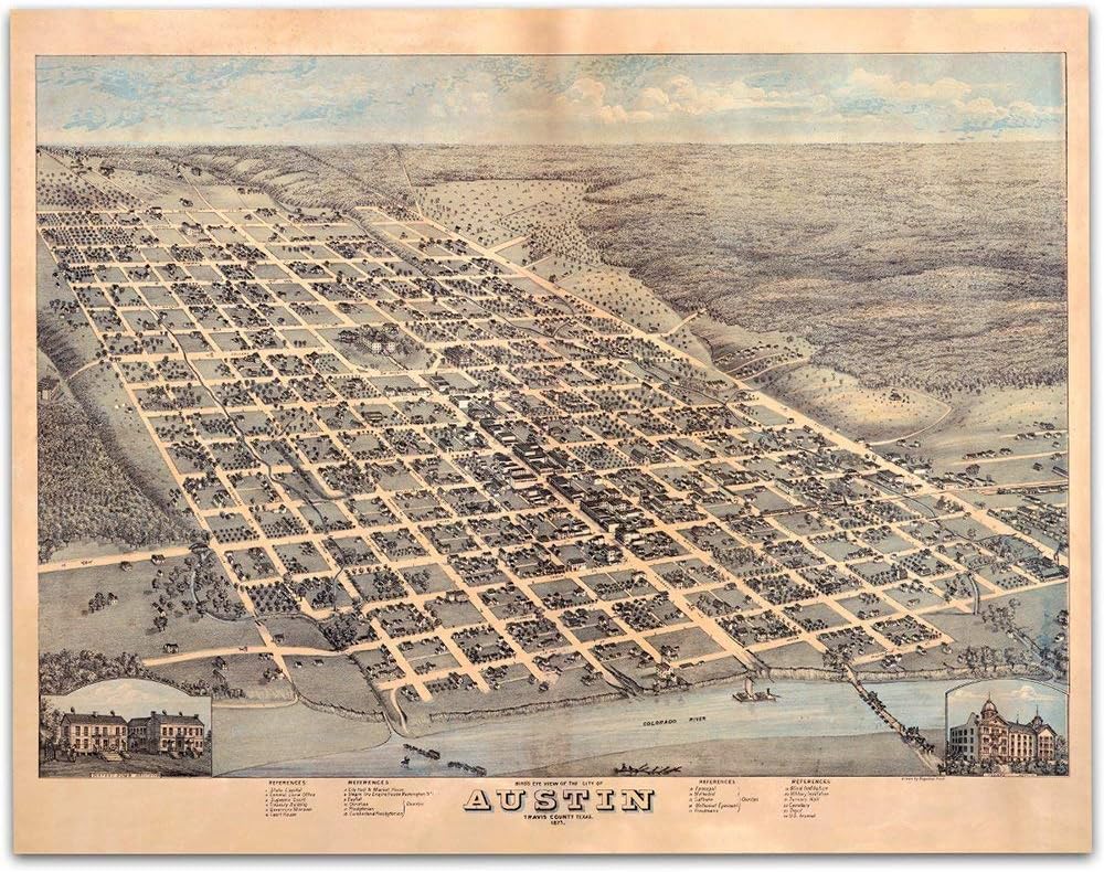 1873 Austin, Texas Vintage Map Poster 11x14 Framed Poster - Historic Bird’s-Eye View City Grid Illustration, Antique Urban Planning Wall Art, Retro Cartography Print Home Office & Apartment Décor