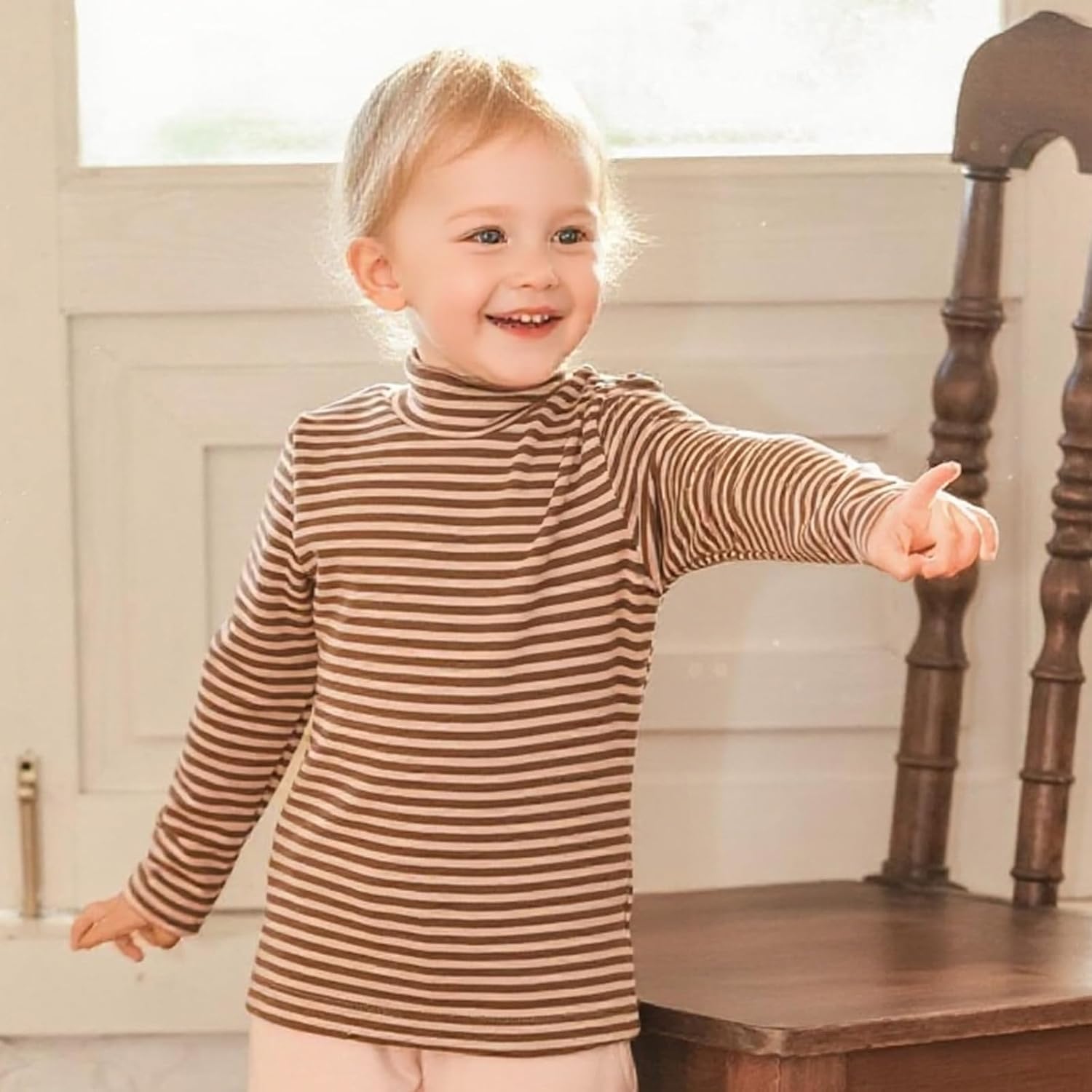 MINI PANDA Little Girl's High-Neck Striped Long-Sleeved T-Shirt, Toddler's High-Neck Stretch Top - Image 7