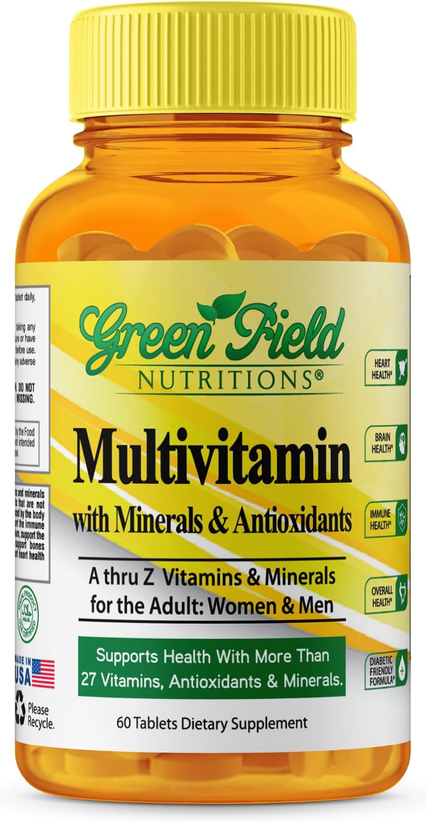 Greenfield Nutritions Halal Multivitamins for Women and Men - 60 Gelatin Free Multivitamin Tablets with 27+ Vitamin Minerals, A, B12, C, D3, Iron and Zinc - Supports Immunity, Bone and Overall Health