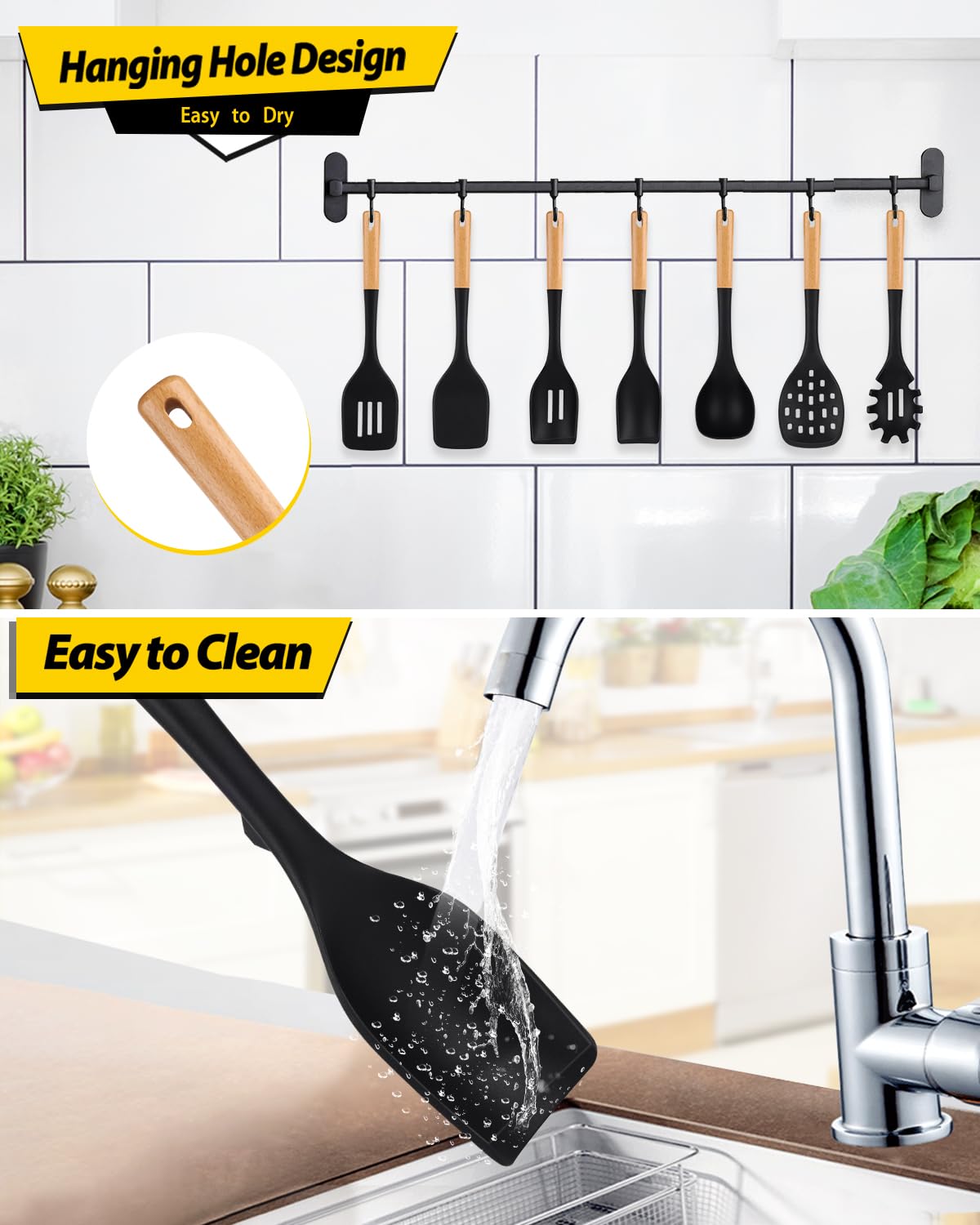 Juego de utensilios de cocina de silicona para utensilios de cocina no pegajosos, 7 piezas de utensilios de cocina resistentes al calor con mango de madera, utensilios de cocina sin BPA con espátulas
