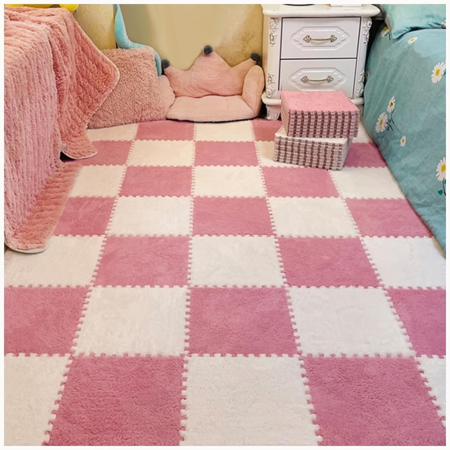 40pcs 12x12 in Shaggy Anti-Slip Interlocking Carpet Tiles, Plush Puzzle Foam Floor Mat, Fluffy Jigsaw Tiles(White+Pink)