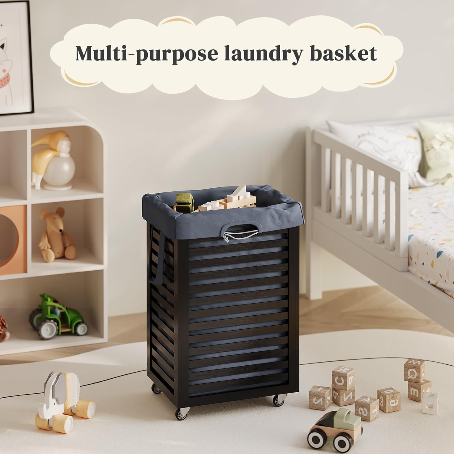Laundry Hamper with Wheels, Laundry Basket with Liner, 85L Large bamboo Laundry Clothes Laundry Hamper, Liner with Handles, Dirty Clothes Storage Cart For Laundry Room, Dorm, Bedroom, Bathroom (Black)