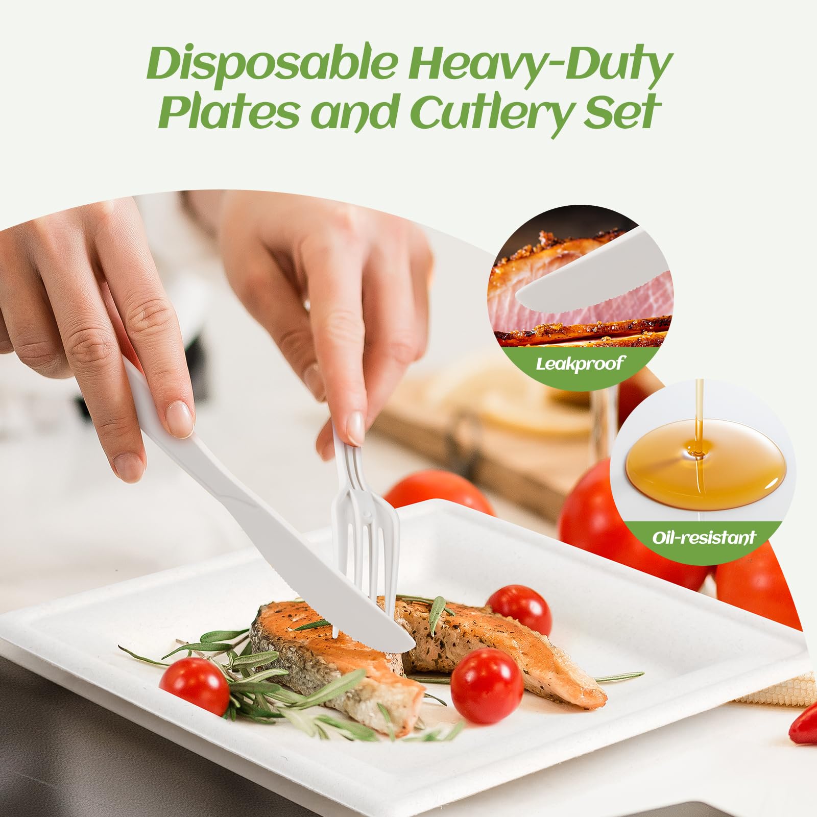 Set di piatti di carta usa e getta compostabili, 300 pezzi, 25,4 cm, 20,3 cm, resistenti, biodegradabili, piatti quadrati e cucchiai, forchette, coltelli, tovaglioli, ecologici, per feste