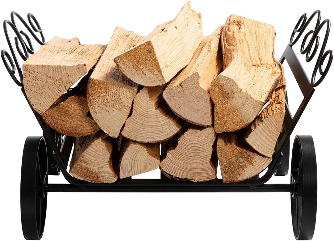 DOEWORKS Fireplace Log Rack Decorative Wheels Fire Wood Carriers Heavy Duty Firewood Holder Stand for Indoor/Outdoor Fire Place