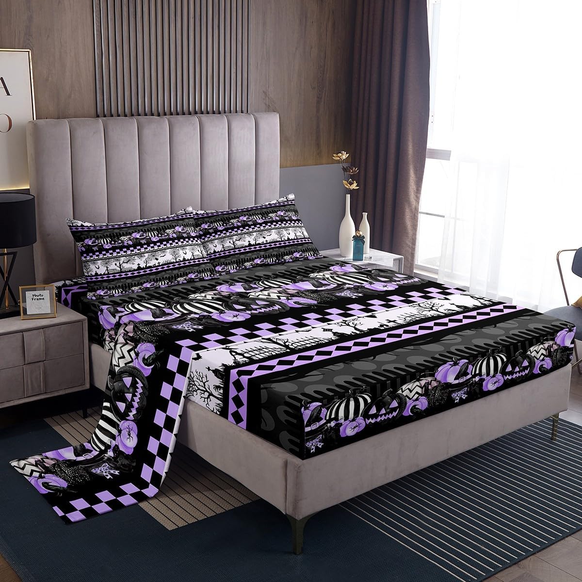Castle Fairy Halloween Bedding Set Queen Size,Kids Cartoon Spider Web Bat Pumpkin Lantern Bed Sheets,Purple Black White Grid Patchwork Striped Fitted Sheet Gothic Girls Boys Decor Top Flat Sheet 4Pcs