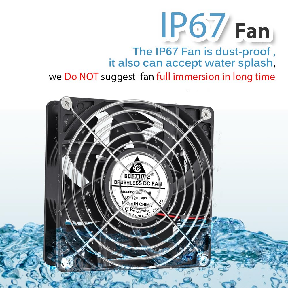 GDSTIME Ventilateur CC 12V 120 mm IP67 120 x 38 mm Ventilateur sans balais Refroidissement à double roulement à billes 3000 tr/min Grand flux d'air Ventilateur de boîtier de 12 cm