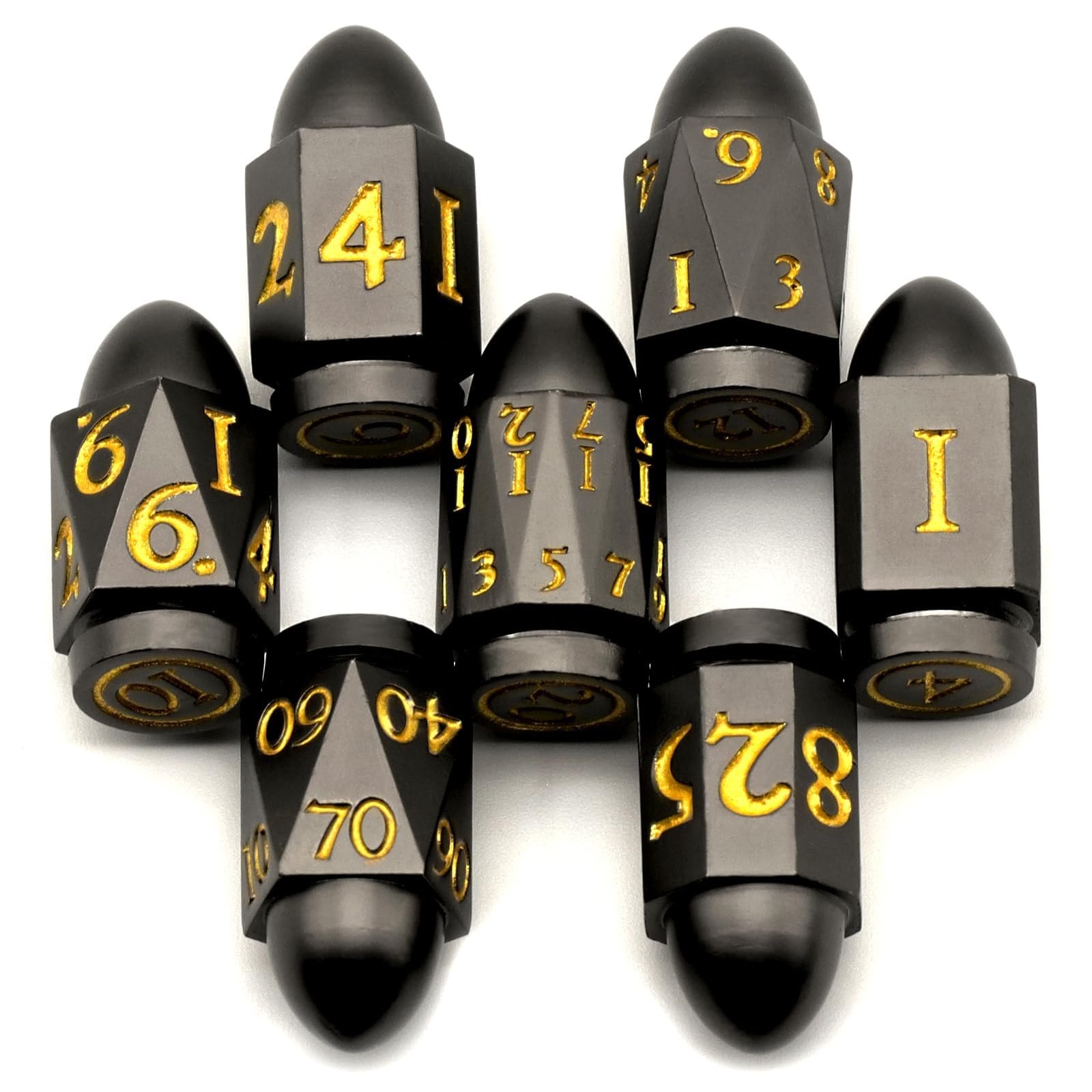 ZHOORQI - Set di dadi in metallo poliedrici per giochi di ruolo D&D Dungeons and Dragons, 7 pezzi, colore: oro nero