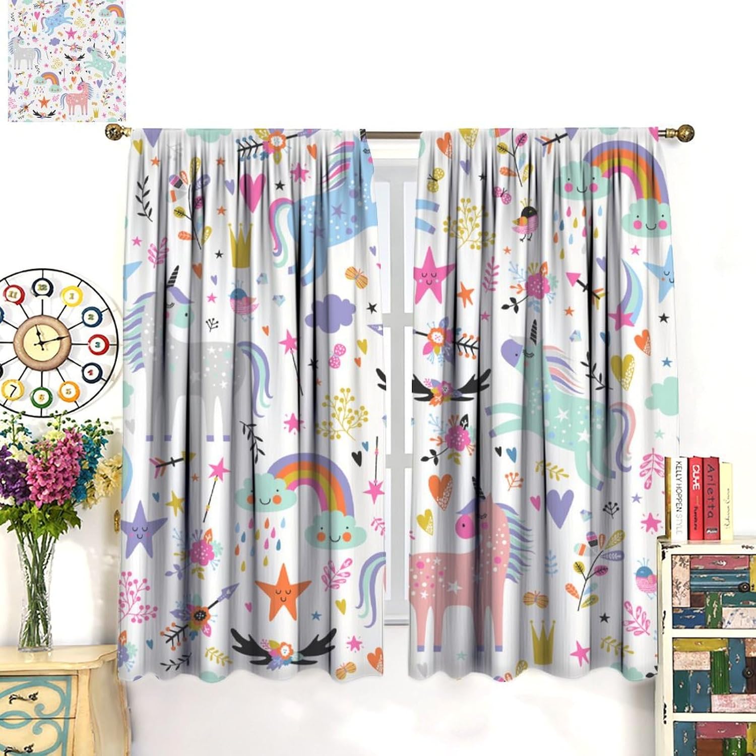 Unicorn Blackout Curtains for Kids Room Cute Cartoon Rainbow Window Curtains for Girls Bedroom Colorful Unicorns Window Drapes for Living Room Set 2 Panels,42x63 Inches