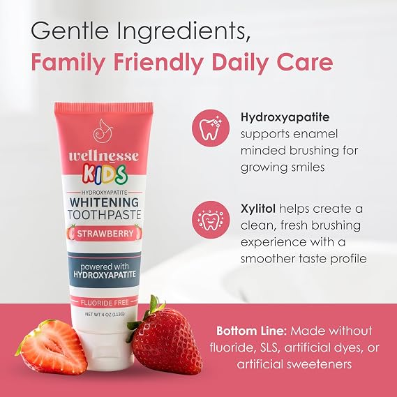 Wellnesse Hydroxyapatite Toothpaste Kids, Strawberry Flavor For Toddlers And Children, Xylitol Formula For Gentle Enamel Care, Toothpaste Whitening, Fresh Breath And Daily Brushing Habits, 4Oz, Pack 3