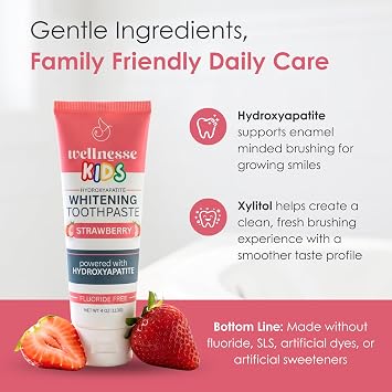 Wellnesse Hydroxyapatite Toothpaste Kids, Strawberry Flavor For Toddlers And Children, Xylitol Formula For Gentle Enamel Care, Toothpaste Whitening, Fresh Breath And Daily Brushing Habits, 4Oz, Pack 3