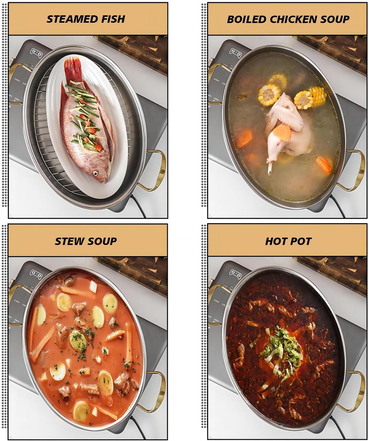 Stainless Steel Fish Steamer Elliptical Steamed Fish Pot Multi-Use Oval Roasting Cookware & Hotpot with Rack (Gold)