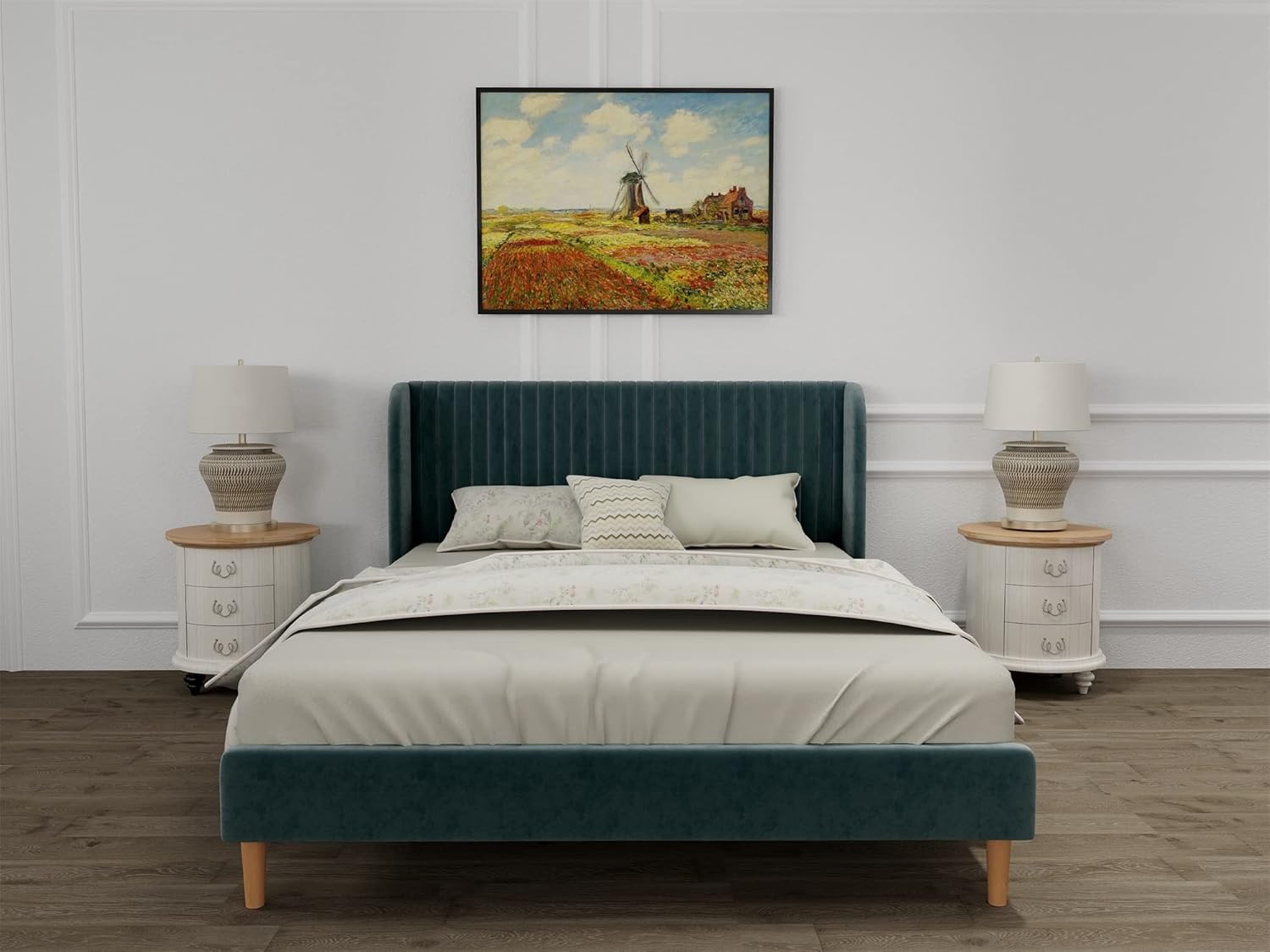 Tslinn Low Profile Upholstered Platform Bed, Queen Beds with Velvet