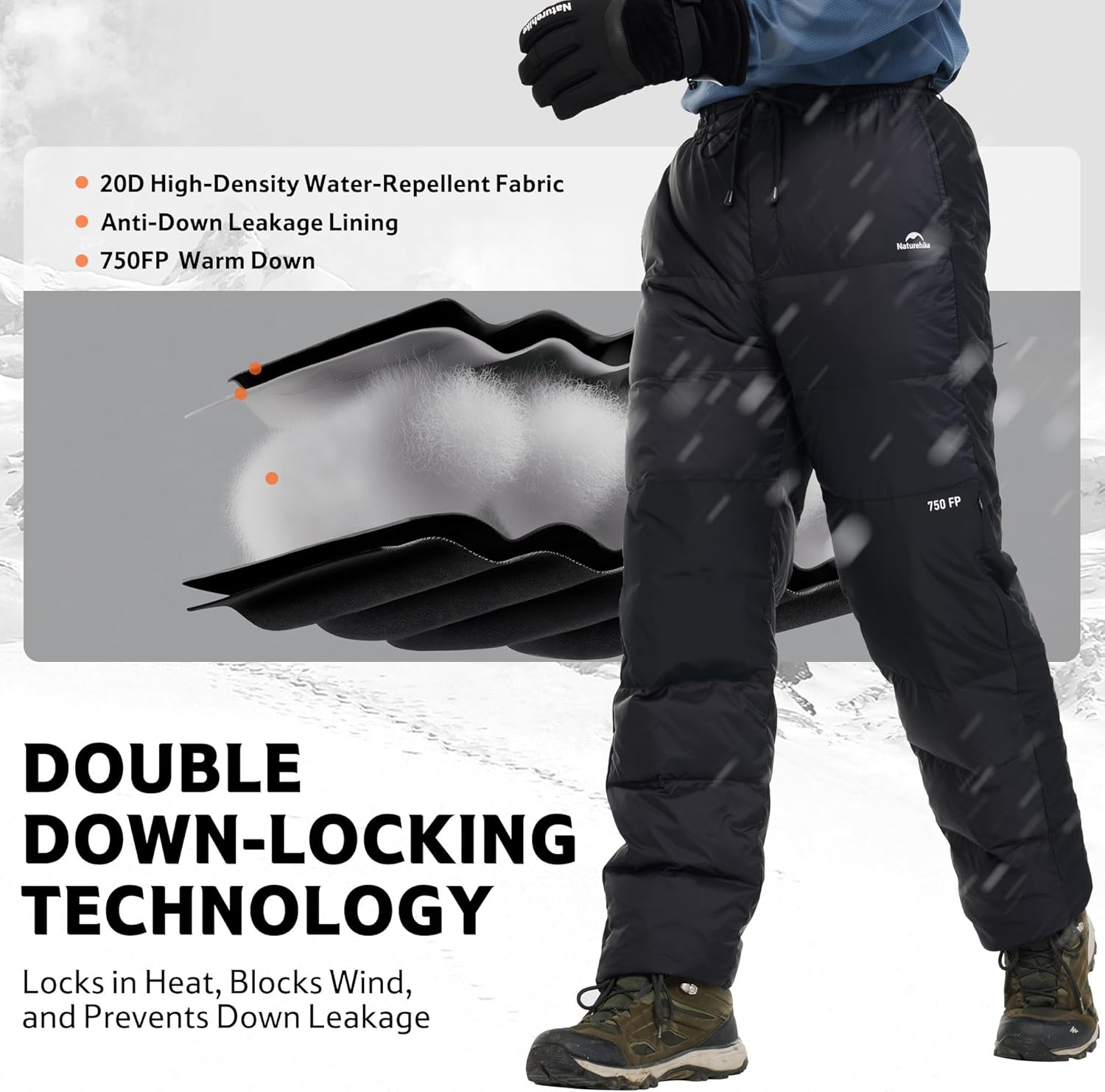 Naturehike Ultralight Down Pants, Men's Women's Winter Snow Pants, Windproof Outdoor Ski Pants for Camping Hiking