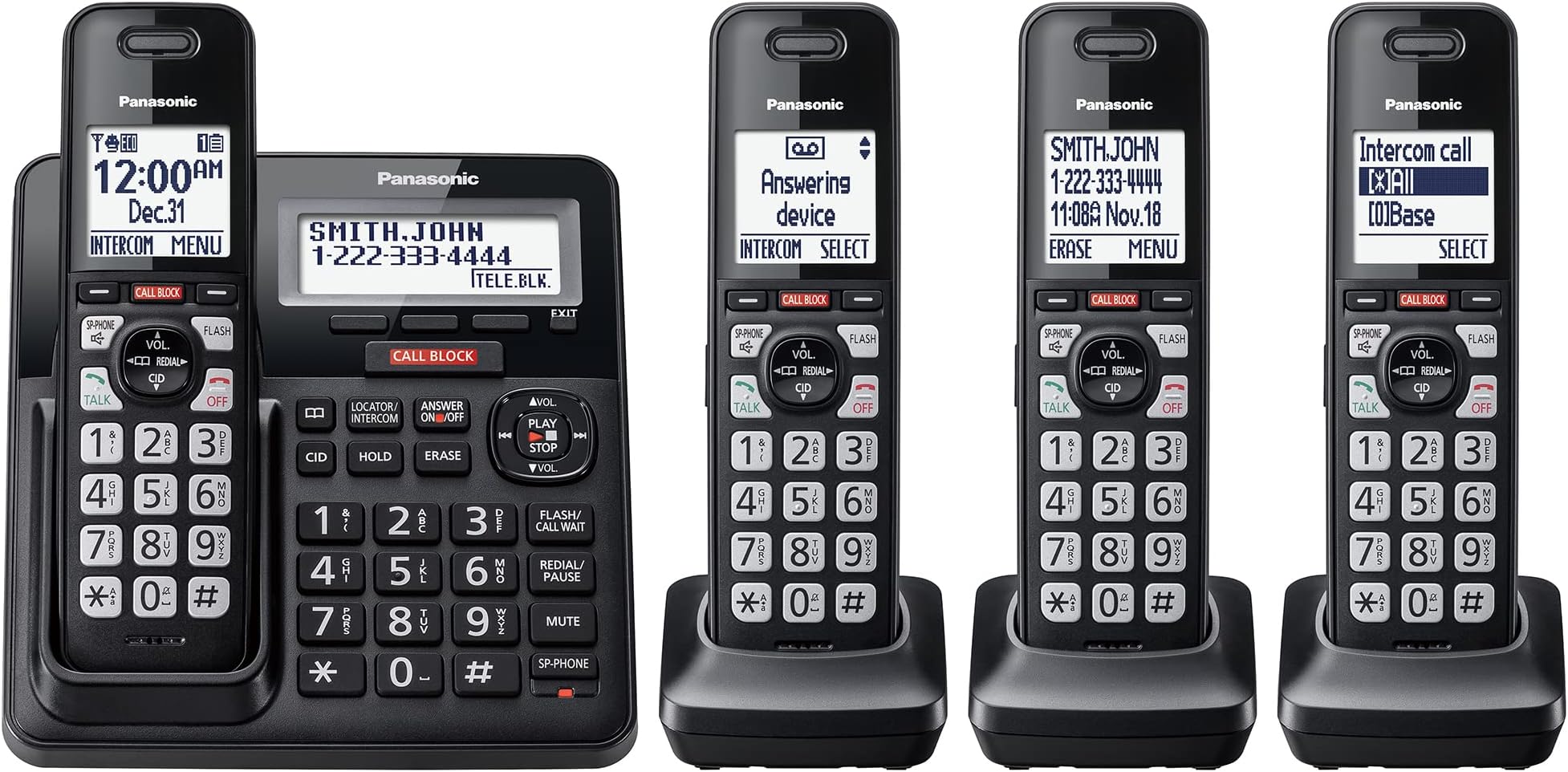 Cordless Phone with Advanced Call Block, Link2Cell Bluetooth, One-Ring Scam Alert, and 2-Way Recording, Answering Machine, 4 Handsets - KX-TGF944B (Black)