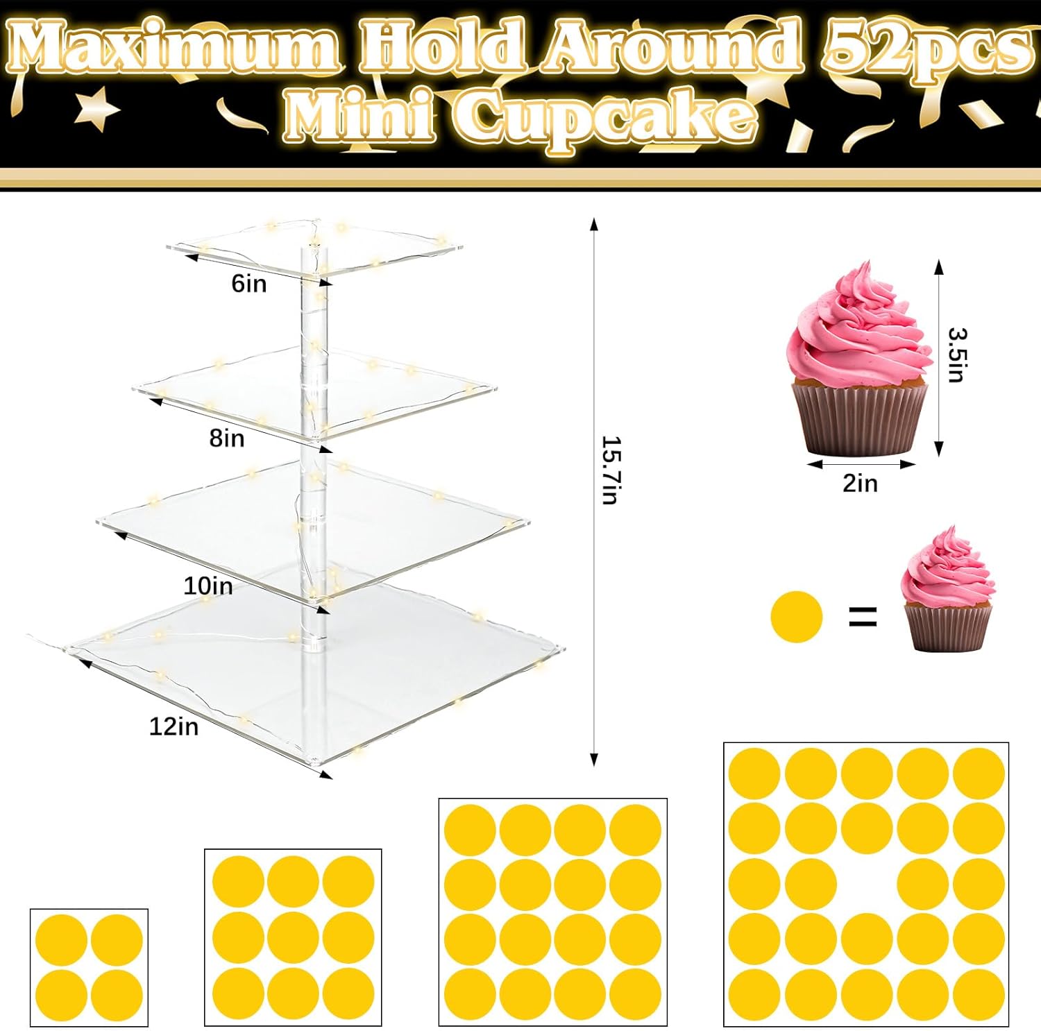 Geelin Class of 2026 Graduation 4 Tier Cupcake Stand with LED String Lights Felt Graduation Cap Topper Acrylic Cupcake Display Stand Square Dessert Tower Holder for 2026 Grad Prom Party Decor (Black)
