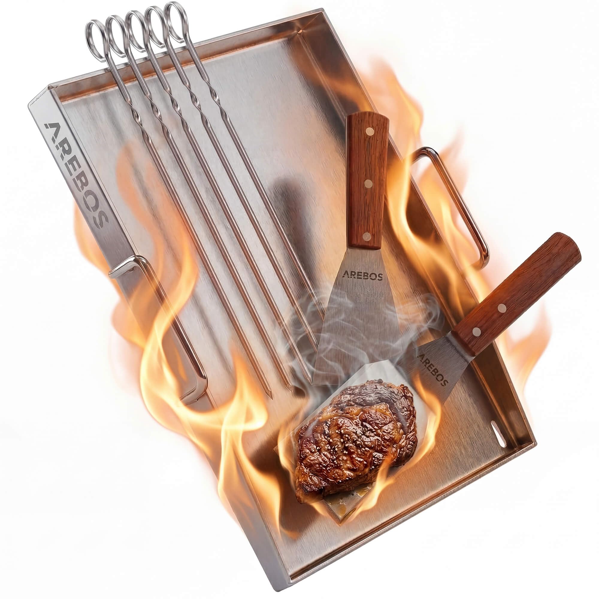 Arebos Płyta Grillowa ze Stali Nierdzewnej 40x30 cm | Plancha do Grilla Gazowego i BBQ | Grubość 4 mm | Odporna do 800°C | Odpływ Tłuszczu | 2 Szpatułki i 5 Szaszłyków w Zestawie