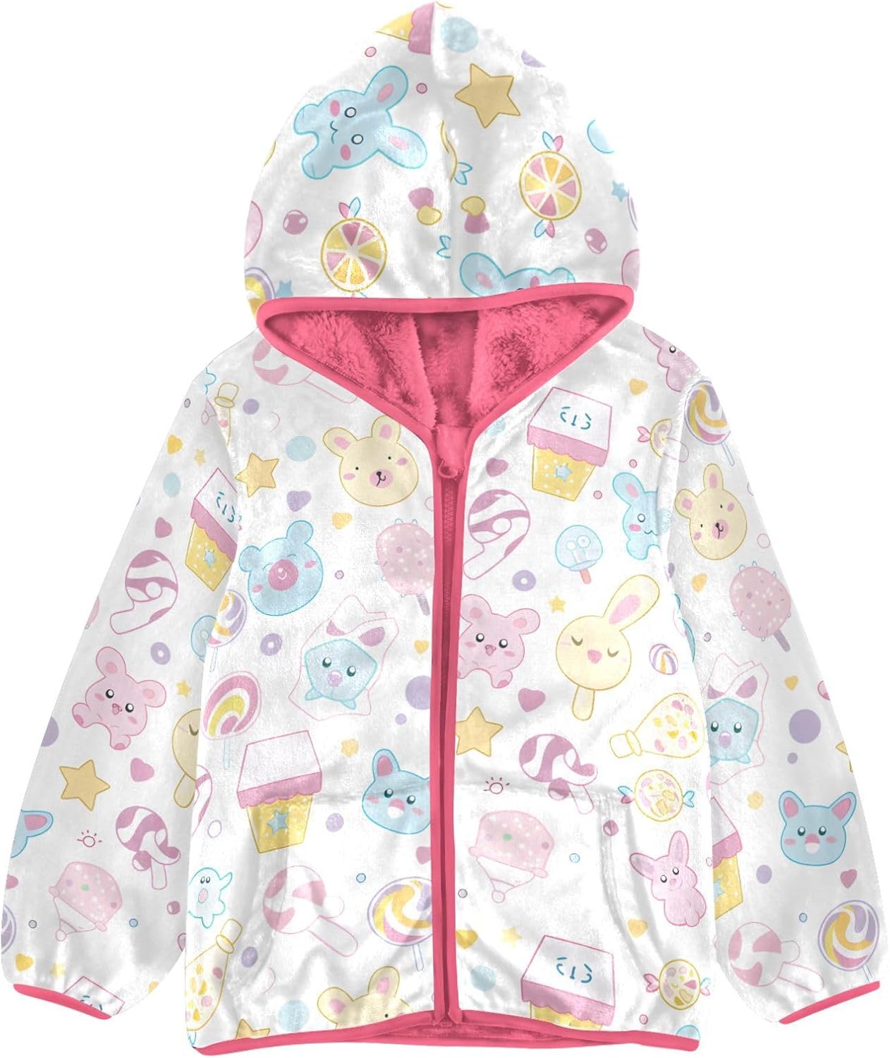 Girls Hoodie Outfit Candy Bunny Pattern Zipper Sweatshirt Coat Fleece Jacket for Kids 3-10T