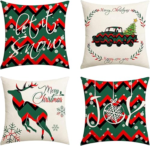 Juego de 4 fundas de almohada navideñas de 18 x 18 pulgadas, diseño de ondas rojas y verdes, fundas de cojín decorativas de Navidad, diseño de renos