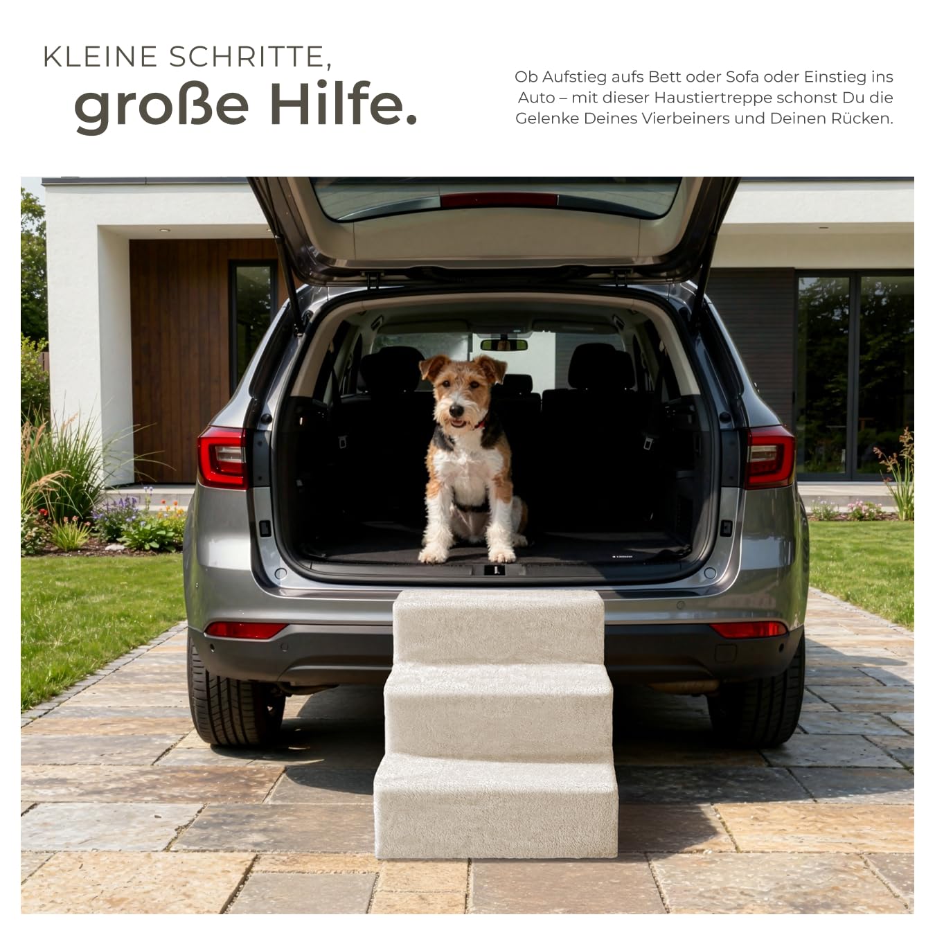tectake® Hundetreppe oder Katzentreppe, Haustiertreppe, Einstiegshilfe mit waschbarem Bezug, extra Flache Treppenstufen, Tiertreppe für Sofa, Bett oder Auto (Sand, 37 x 45 x 34,5 cm, 3)