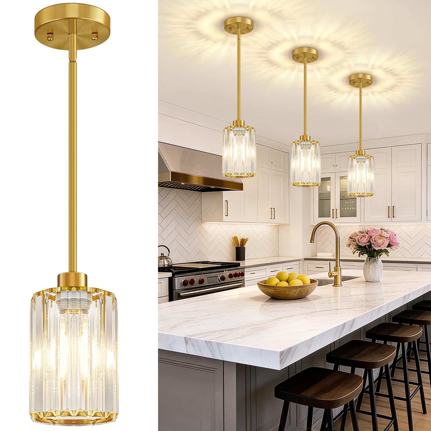 3 Pack Brushed Gold Pendant Lights Kitchen Island Modern Crystal Chandelier Kitchen Pendant Lighting Over Island Adjustable Hanging