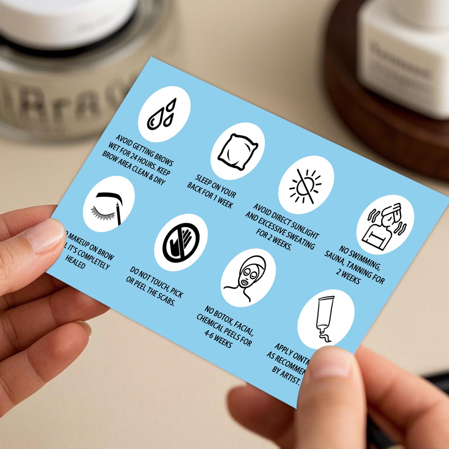 50pcs Permanent Makeup Eyebrow Aftercare Cards, 2x3.5 Inch Post-Procedure Care Instructions, Waterproof & Skin-Friendly Cards for Microblading, Tattoo Healing, and Brow Lamination Aftercare