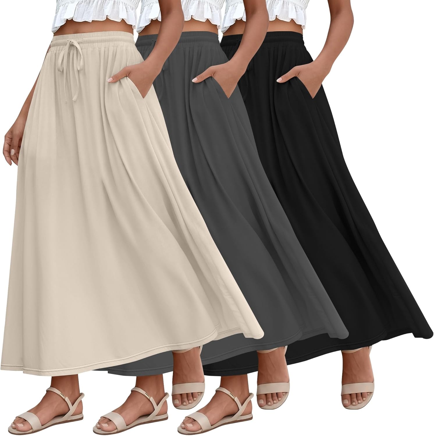 Ficerd 3 Pack Women's Maxi Long Skirts, Ankle Length a Line Elastic High Waist Summer Casual Drawstring Skirts with Pockets