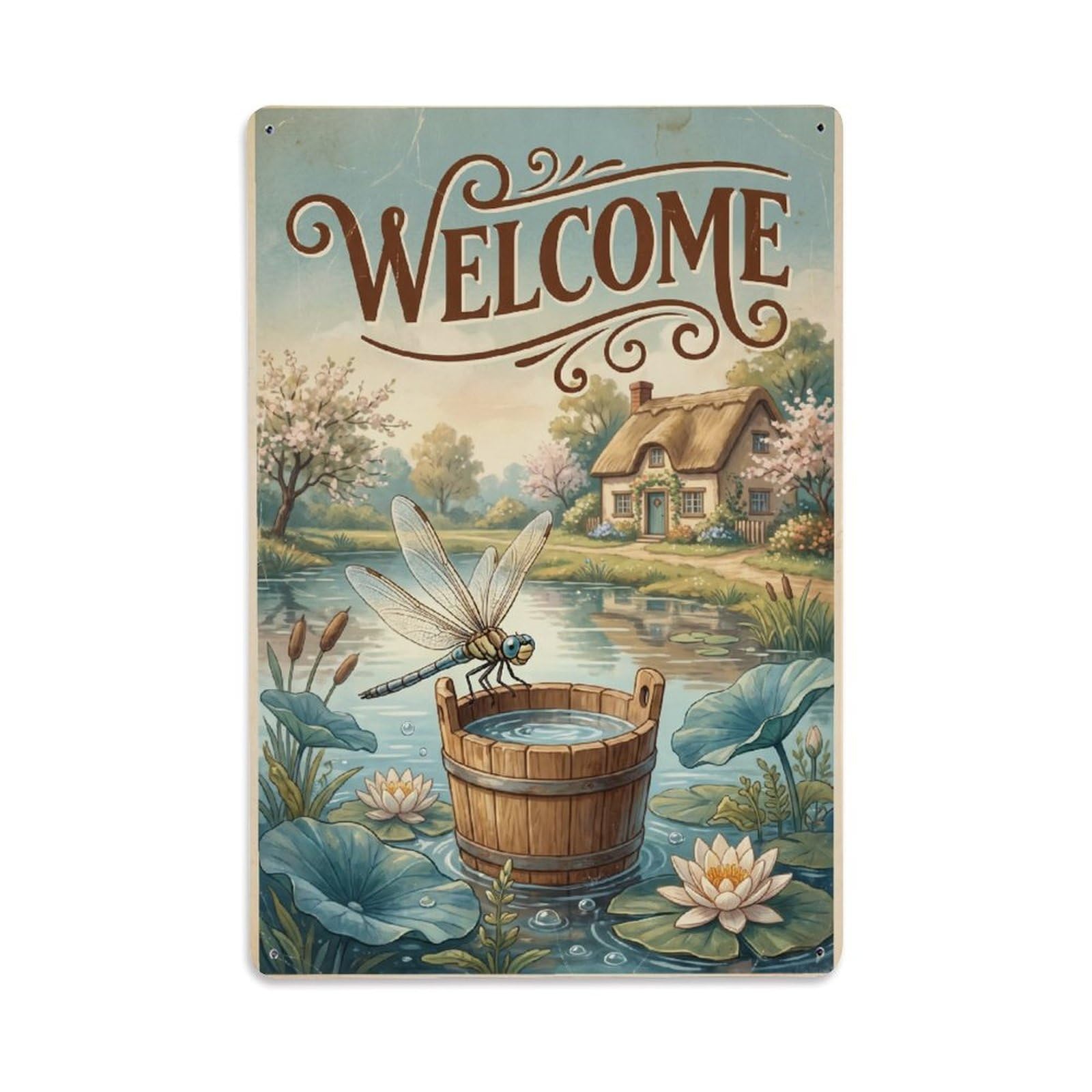 Cxhjca 8X12inch(20X30cm) Vintage Welcome Dragonfly Sweet Summer Metal Tin Sign