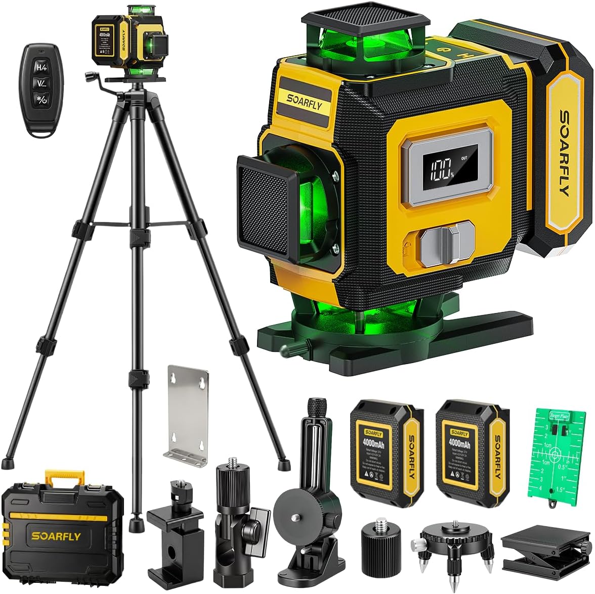 SoarFly 4D green 4x360 laser level with 1m tripod and carry case