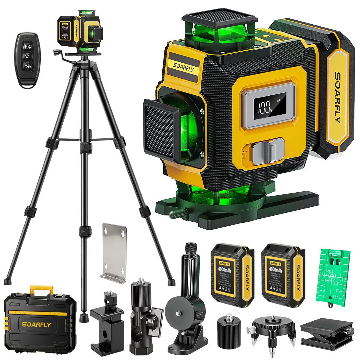 SOARFLY Niveau Laser 4D avec Trépied, Niveau Laser Vert Autonivelant Croix à 4×360°, 2 Batteries 4000mAh, Télécommande, Support Magnétique, pour Carrelage, Construction et Rénovation Intérieure