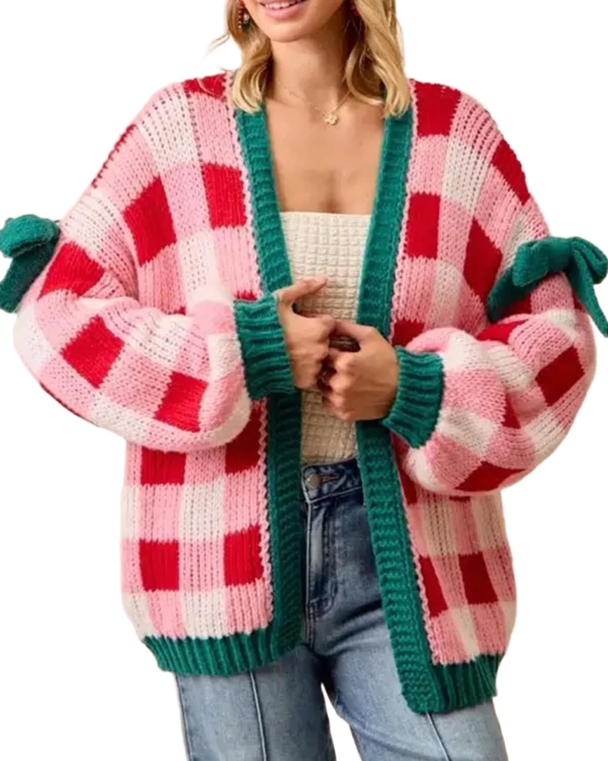 Womens Checkered Chunky Knit Cardigan Sweater Cute Balloon Bow Tie Long Sleeve Oversized Open Front Cardigan