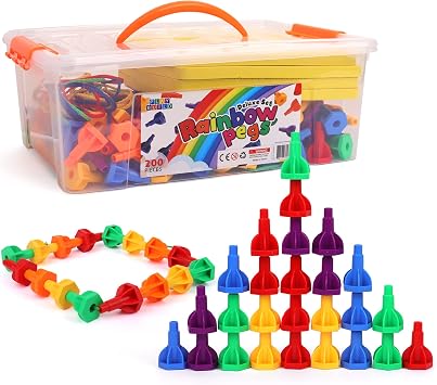 مجموعة Rainbow Pegs and Board Deluxe 200pc ، ألعاب Montessori Baby Toys ، التراص والربط Pegs ، ألعاب الأطفال والأطفال الصغار ، اللعب والتعلم لعبة STEM ، مهارات المحركات الدقيقة ، الأعمار 3 +