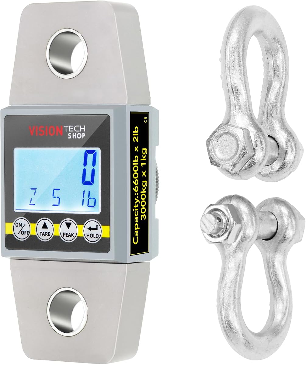 VisionTechShop Báscula de grúa, dinamómetro para fuerza, tensión y peso, VTS-CDY 6600 lb/3000 kg Lb/Kg conmutable, báscula colgante compacta resistente, pantalla LCD con retroiluminación, 2 grilletes