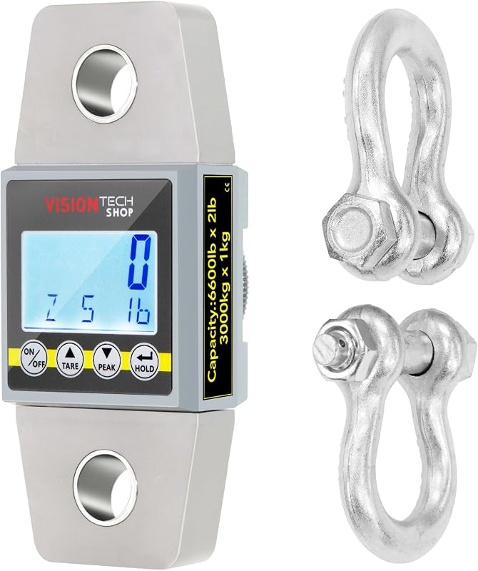 VisionTechShop Báscula de grúa, dinamómetro para fuerza, tensión y peso, VTS-CDY 6600 lb/3000 kg Lb/Kg conmutable, báscula colgante compacta resistente, pantalla LCD con retroiluminación, 2 grilletes