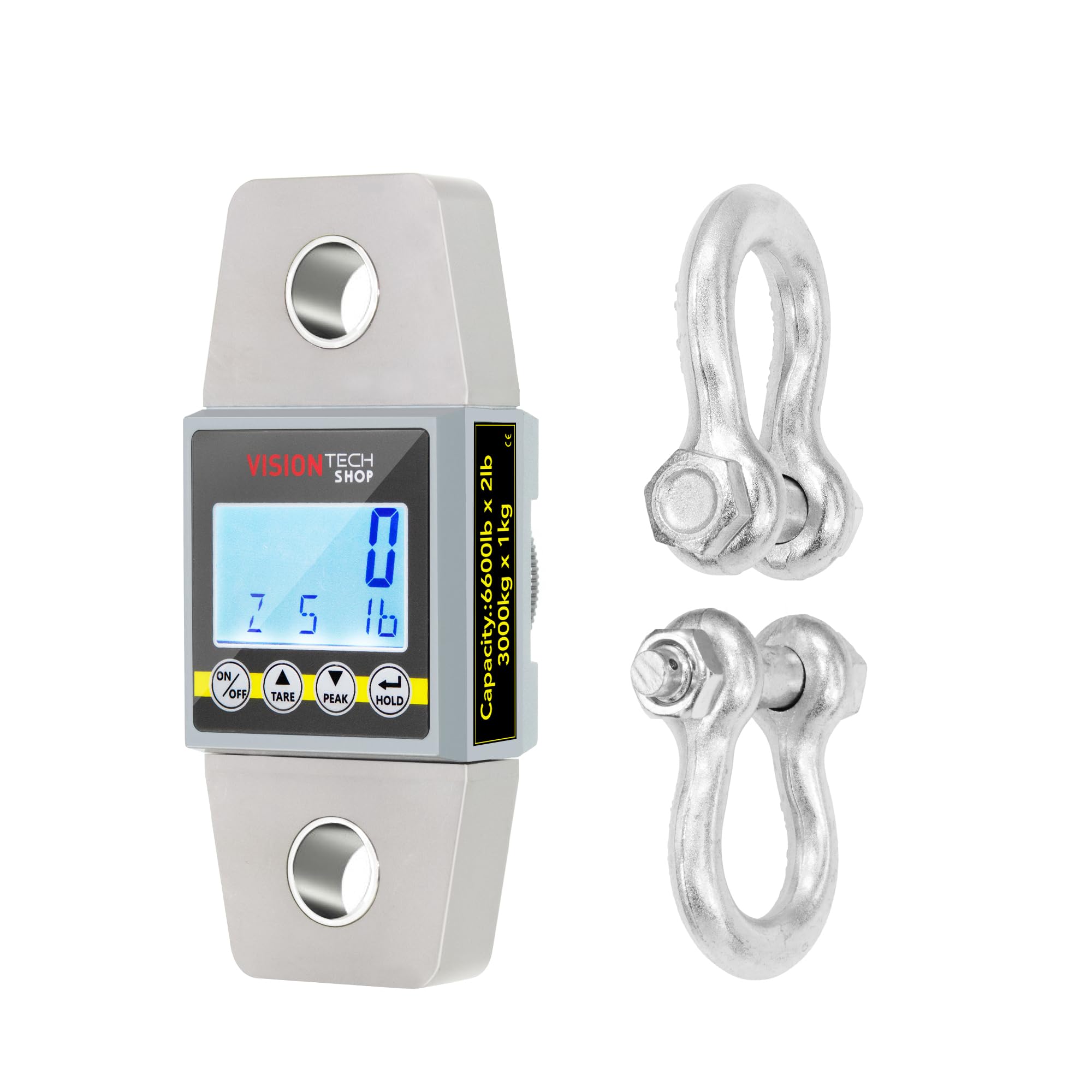 VisionTechShop VTS-CDY - Bilancia per gru, dinamometro per forza, tensione e peso, commutabile fino a 3000 kg Lb/kg, resistente e compatta, display LCD con retroilluminazione, 2 grilli