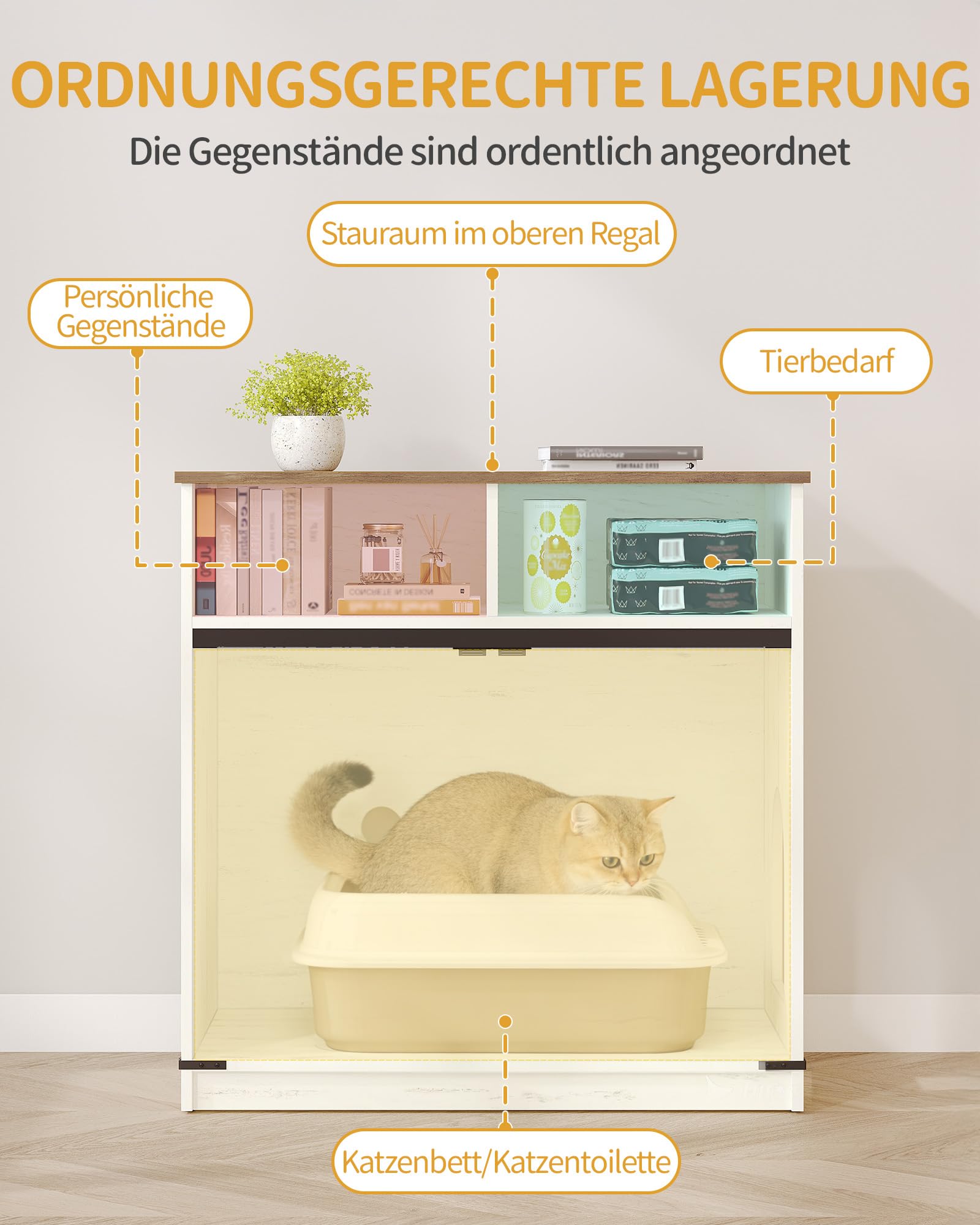 Hzuaneri Katzenklo Schrank, 80 cm, Versteckte Katzenschrank, Braun-Weiß | mit Stauraum, Katzenschrank aus Holz, Katzenhaus im Landhausstil, TV-Schrank Beistelltisch, 80 x 48 x 80 cm, CB89414X