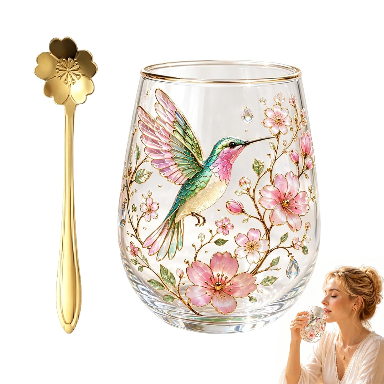Garden Hummingbird Glass Tea Cup with Spoon 2026 Morning Bliss Body Embossed Floral Gold Border Tumbler Drinking Cups Spring Pink Bird Flora Patterned Elegant Feminine Coffee Mug(Double-sided Pattern)