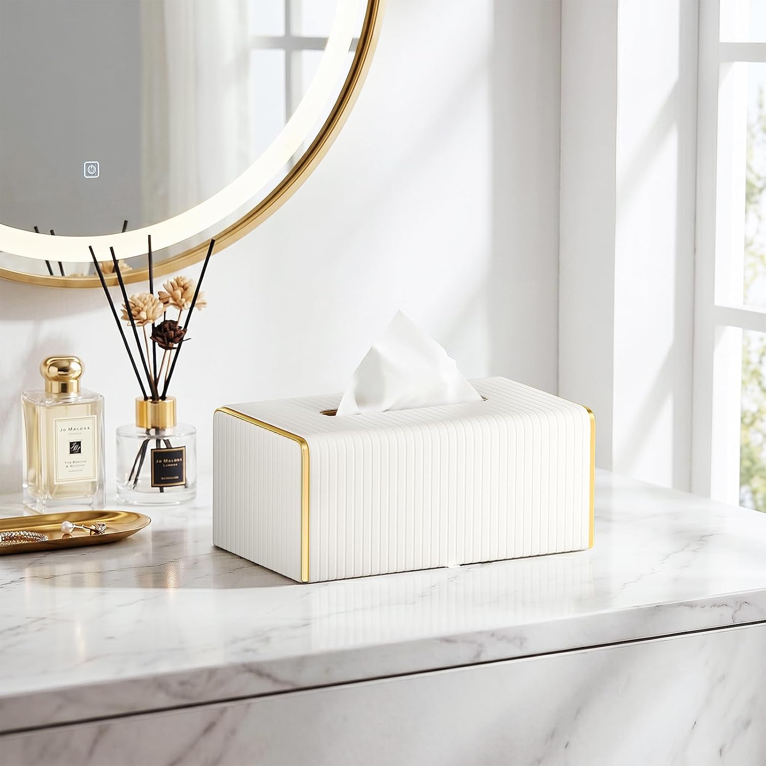 Rectangle White PU Leather Tissue Box Cover | Long Tissue Holder, Magnetic Bottom Closure, for Bathroom Bedroom Decor