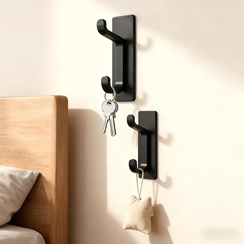 Miniatura 3 de Paquete de 2 ganchos adhesivos de pared, color negro, 13 libras, gancho doble resistente para abrigo, toalla, sombrero, colgador de puerta