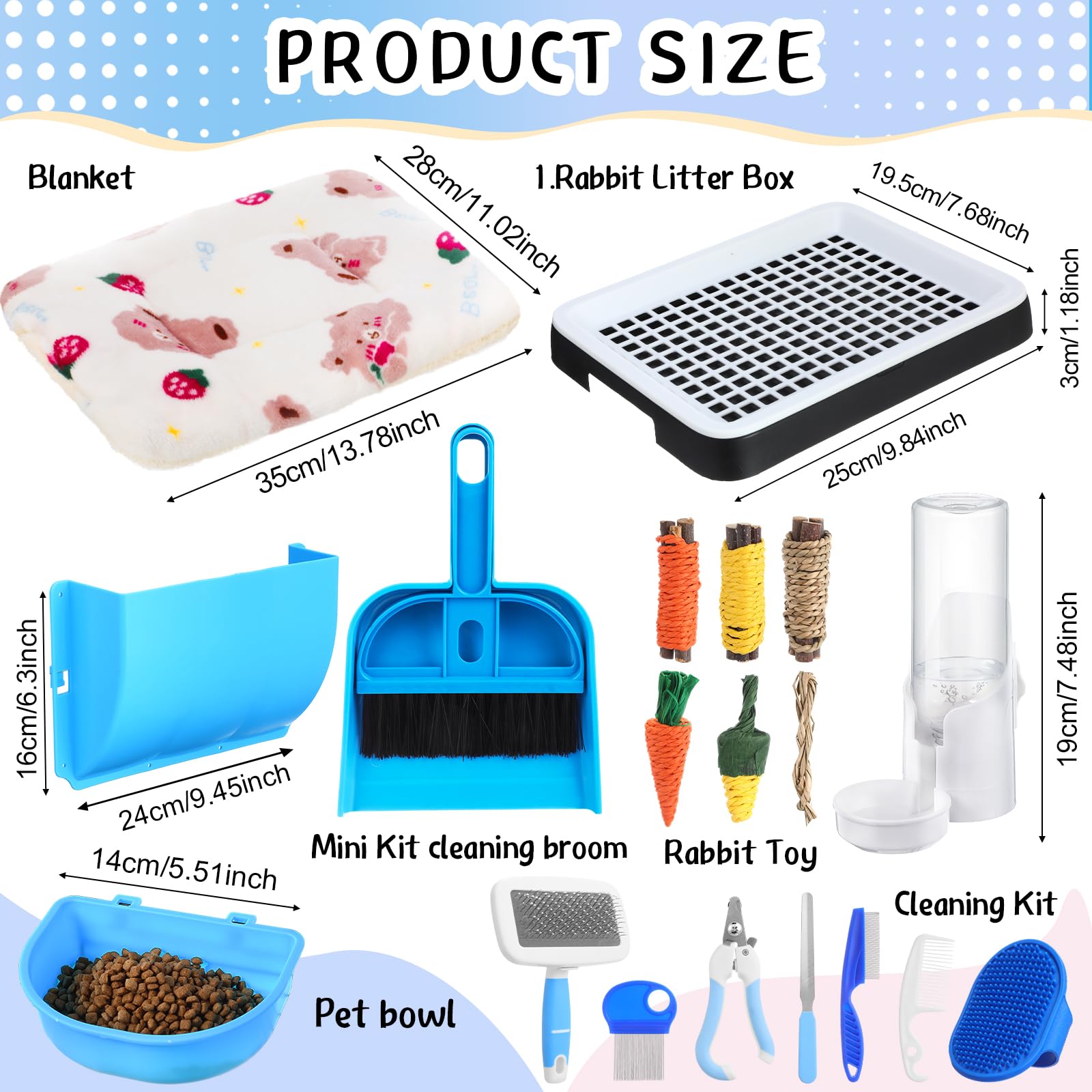 19 Pcs Rabbit Starter Kit Small Bunny Litter Box Rabbit Grooming Kit Water Bottle Bunny Toys Hay Feeder Bowl Blankets with Cleaning Set for Guinea Pig Accessories(Black,Cloud) - image 2