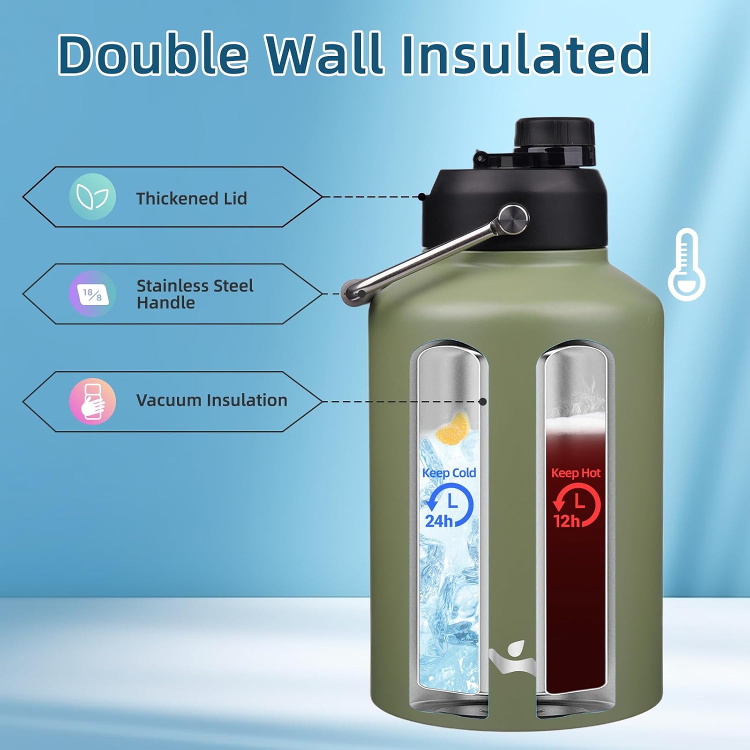 1 Gallon Jug with Handle,128 oz Insulated Water Bottle with Carrying Pouch, Double Wall Vacuum Stainless Steel Metal Bottle,Camp Green - Image 3