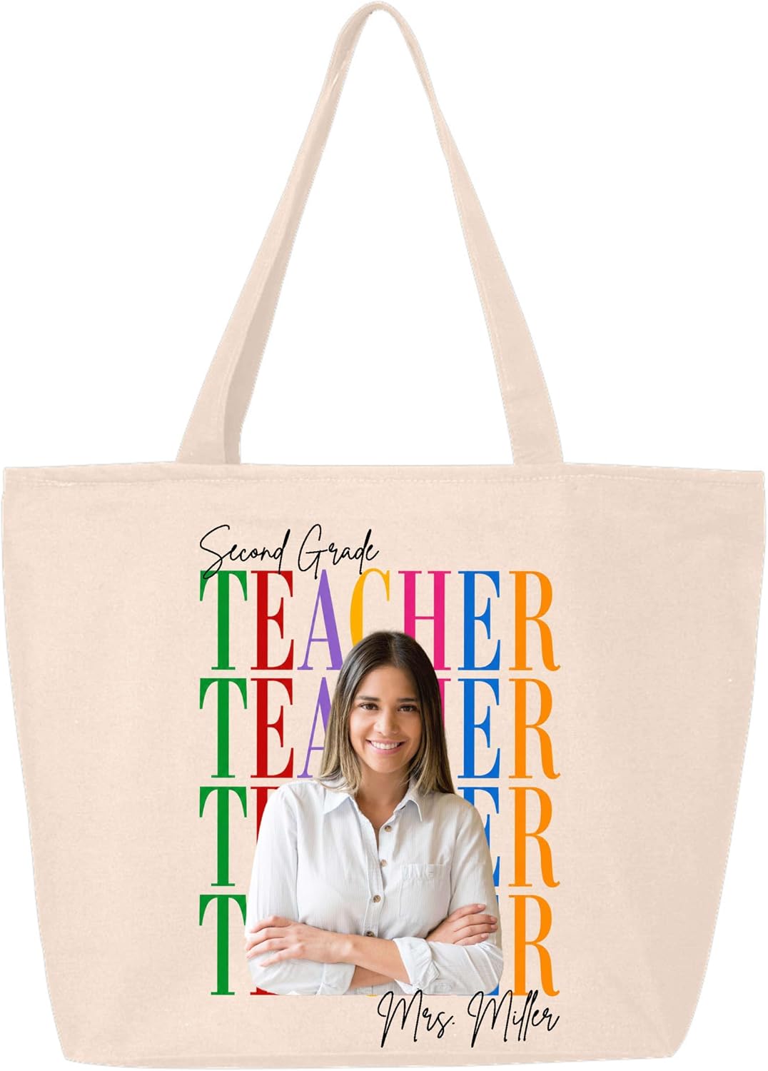 Custom Teacher Name Photo, Name Heavy Canvas Tote with Zipper Reusable Bag