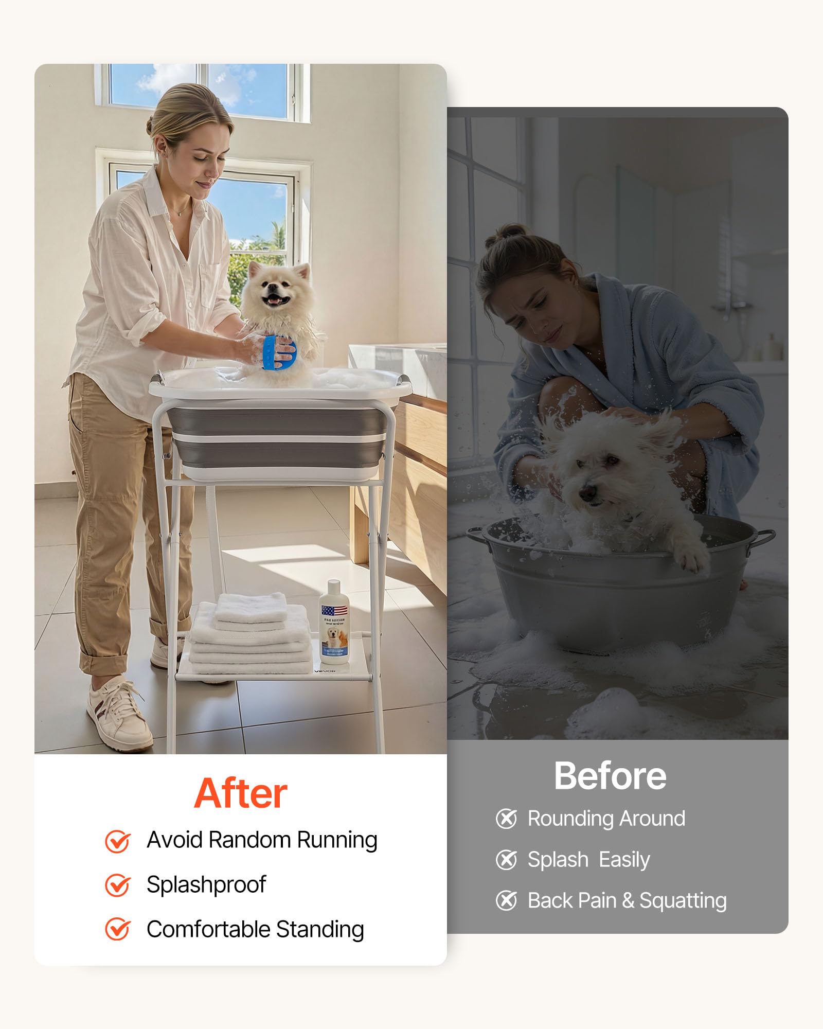 VEVOR Bañera Elevada para Perros Gatos Pequeños con Soporte, Bañera Plegable Portátil 2 en 1 para Mascotas de 1,8 a 8 kg, Estación de Baño con Estructura en X, Desagüe con Manguera, Uso en Mesa Suelo | Soporte estable y seguro, diseño fácil de usar