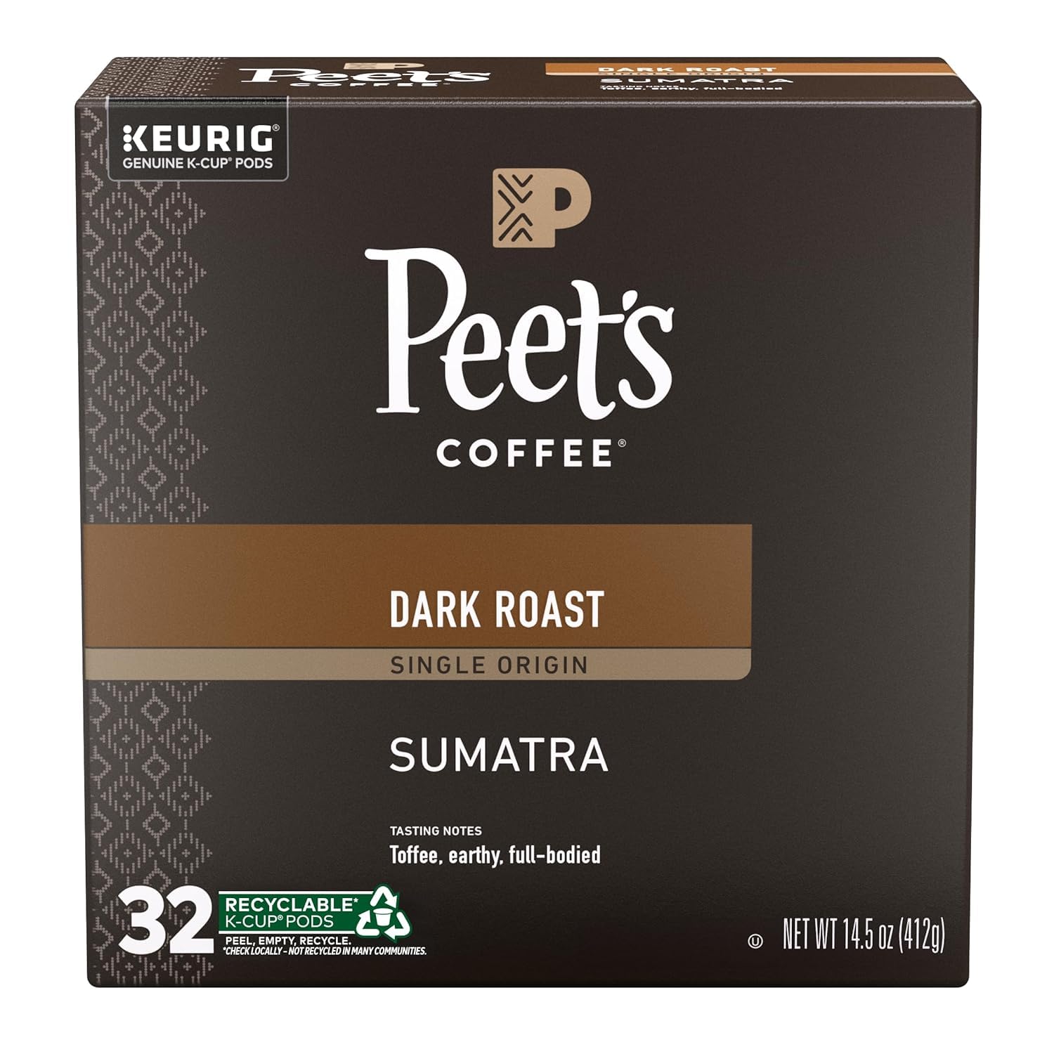Peet's Coffee, Dark Roast Single Serve Coffee Pods, 100% Arabica Coffee - Single Origin Sumatra 32 Count (1 Box of 32 Pods)