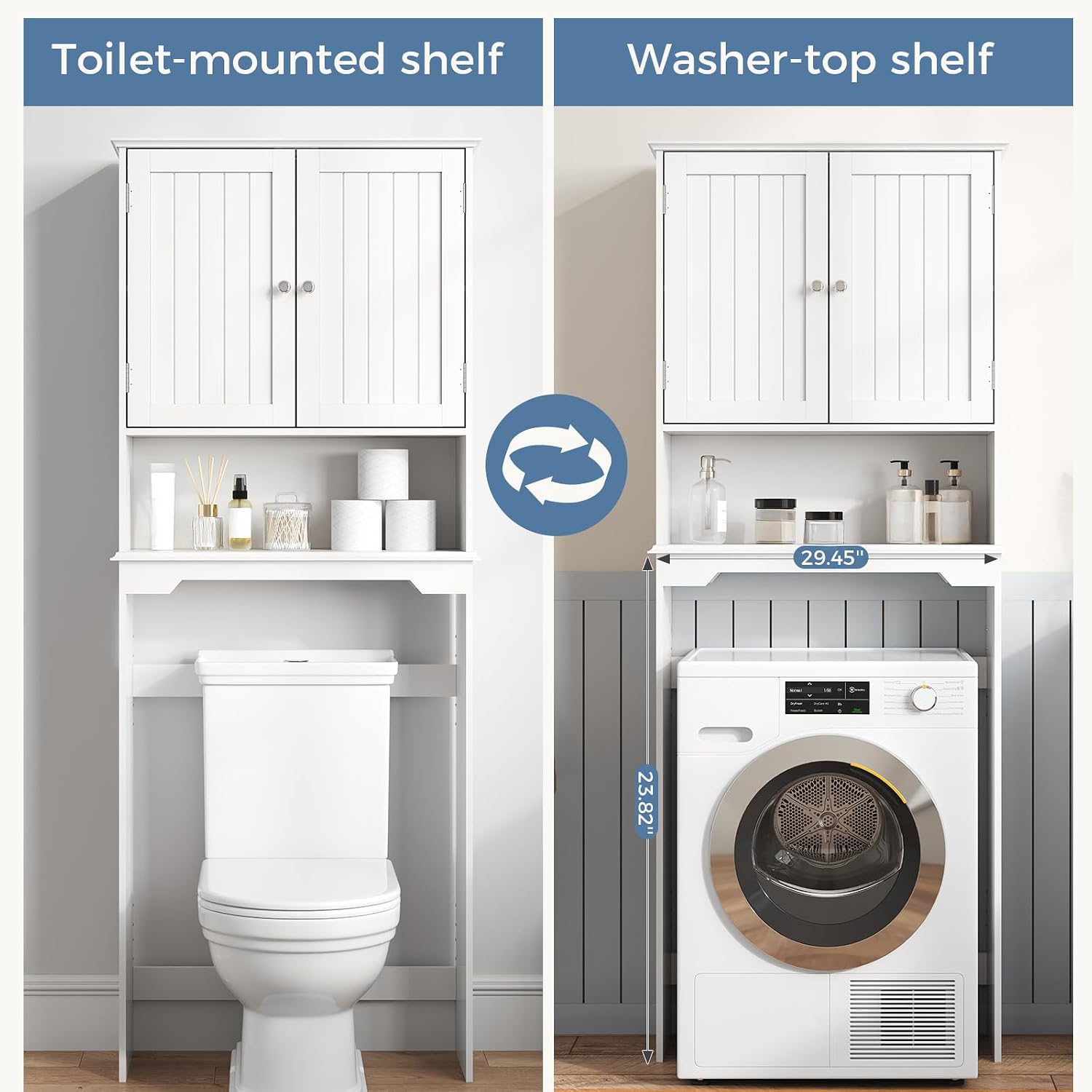 DUMOS Over the Toilet Storage Cabinet with Doors and Adjustable Shelf, Over Toilet Bathroom Organizer with Open Shelf and Anti-Tip Design, White
