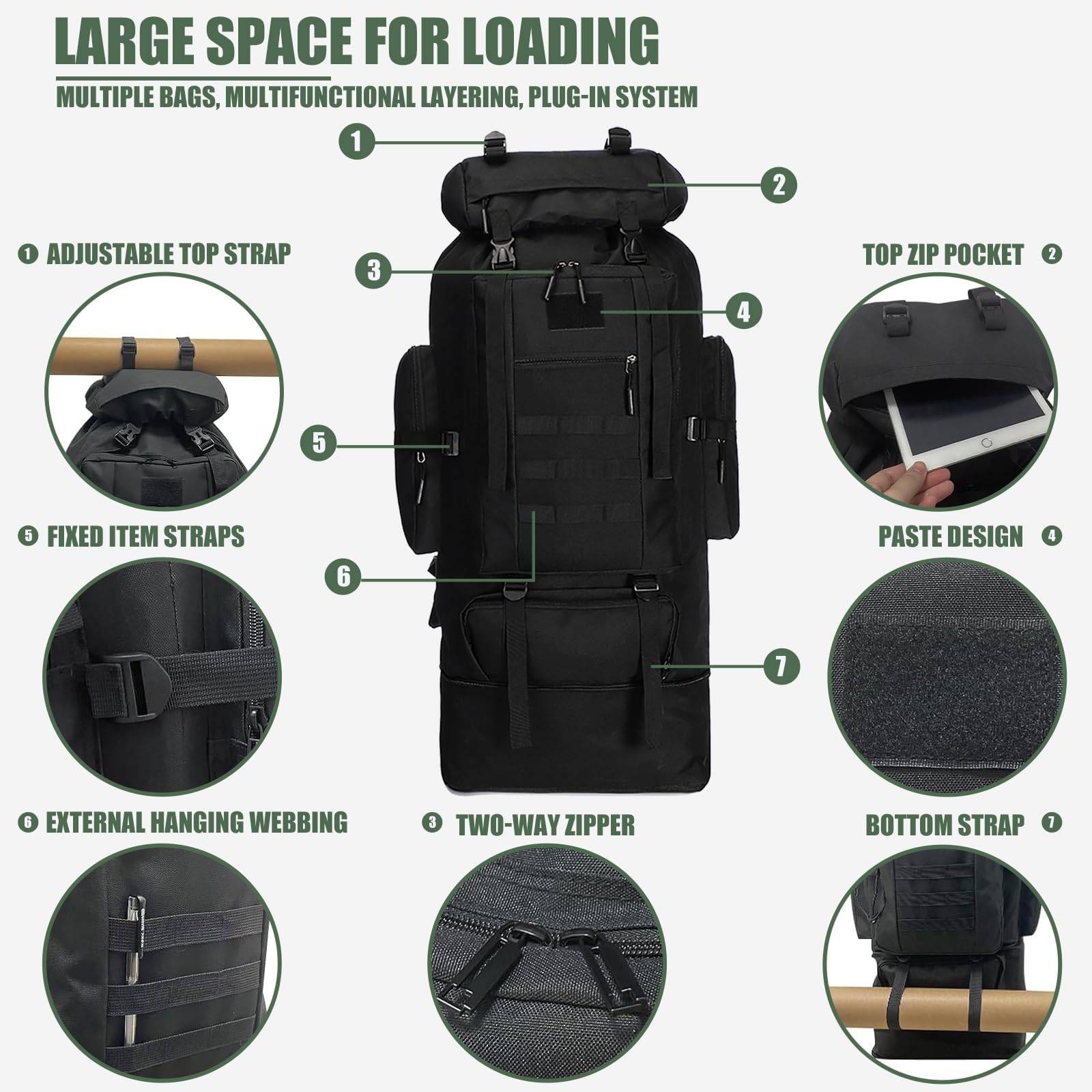 Zaino da trekking 100L zaino da campeggio, Daypack da Arrampicata, Impermeabile Zaino Tattico per le Donne Degli Uomini, Sport All'aperto Travel Daypack, Cinghie Regolabili