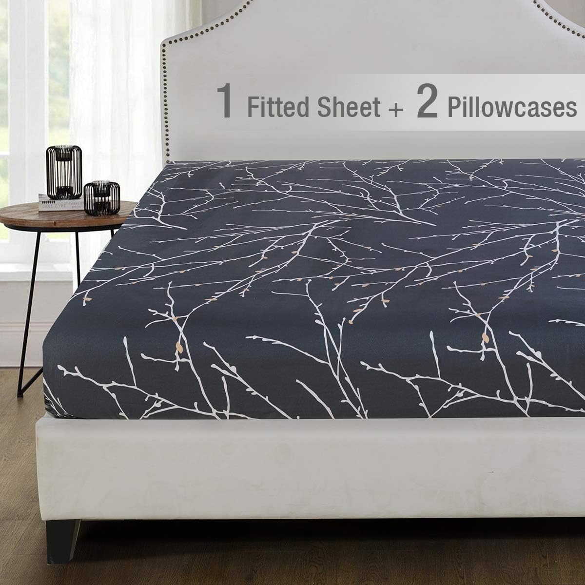 YEPINS Microfiber Fitted Sheet, Branch and Plum Printed Pattern, Navy Color, Queen Size- 3 Piece(1 Fitted Sheet and 2 Pillowcase)