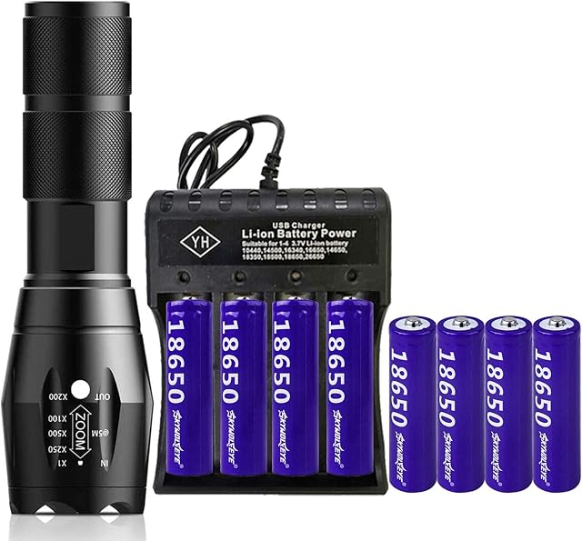 Bright Flashlight, 4 Slot Universal Battery Charger, with 8 Rechargeable 18650 Top Button 3.7v Lithium Batteries, Smart Charger 18650, 26650, 18500, 16650 Rechargeable Batteries