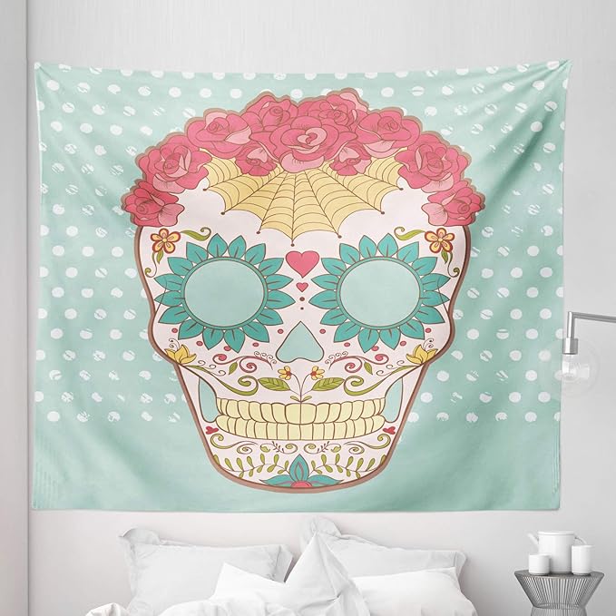 Ambesonne Sugar Skull Tapestry King Size, Image of Lady Skeleton Head Ornamented with Floral Wreath and Cultural Motifs, Wall Hanging Bedspread Bed Cover Wall Decor, 104