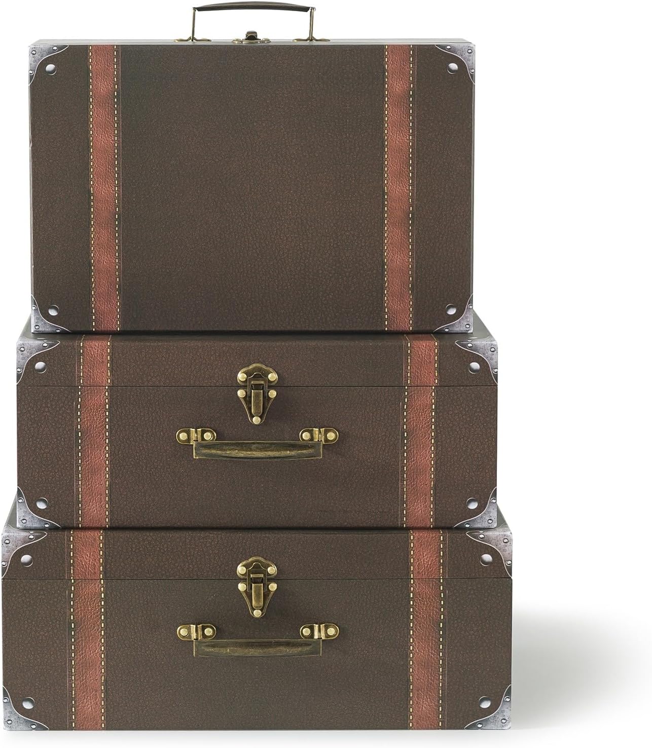 Soul & Lane Cardboard Suitcase Boxes with Handle (Set of 3, Brown Suitcase) | Travel-Themed Paperboard Boxes with Lids for Decoration, Photo Props, Centerpieces