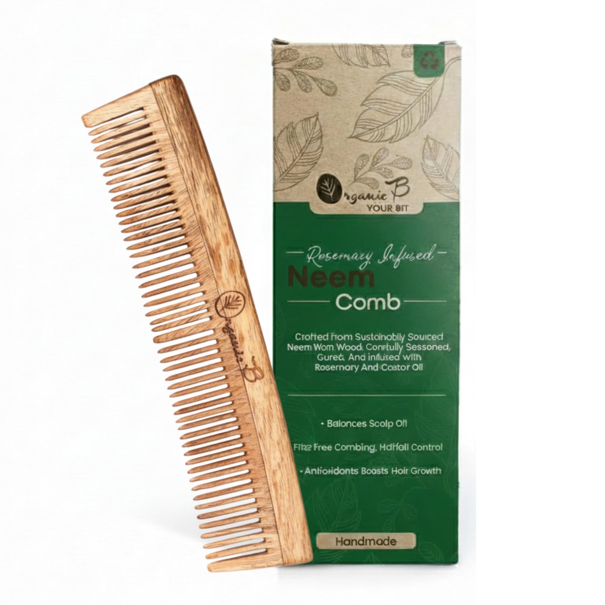 Organic B Wooden Dual Tooth Comb for Women Hair Growth - Handcrafted Neem Wood Comb, Anti Static, Eco Friendly, Natural Detangler, Scalp Massage, Hair & Beard Care